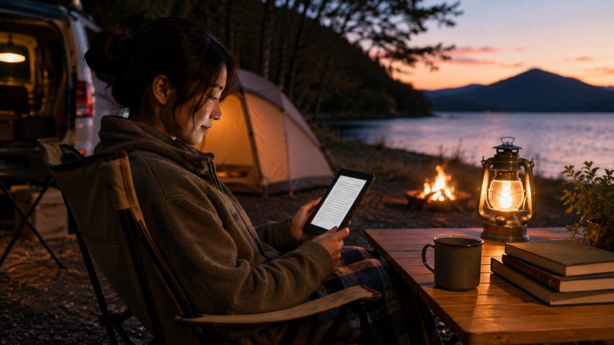 夕暮れの湖畔キャンプで、焚き火とランタンのそばに座り電子書籍リーダーを読む女性