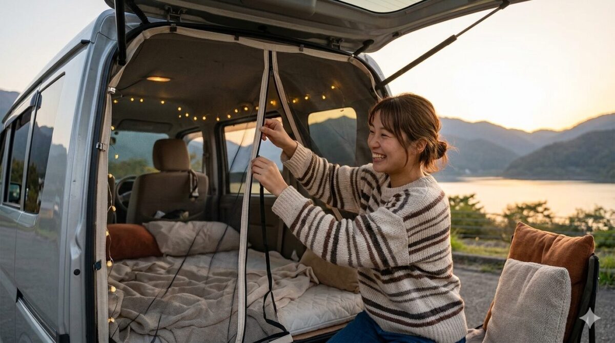 夕暮れの美しい湖畔に停まった軽バンで、車中泊を楽しむ女性が、自作の網戸をバックドアの開口部に取り付けている。