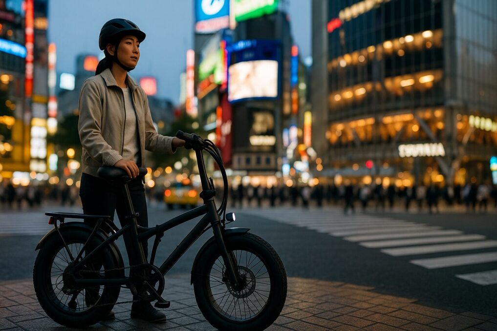 夕暮れの都心交差点でe-bikeと並ぶ日本人女性の通勤シーンイメージ