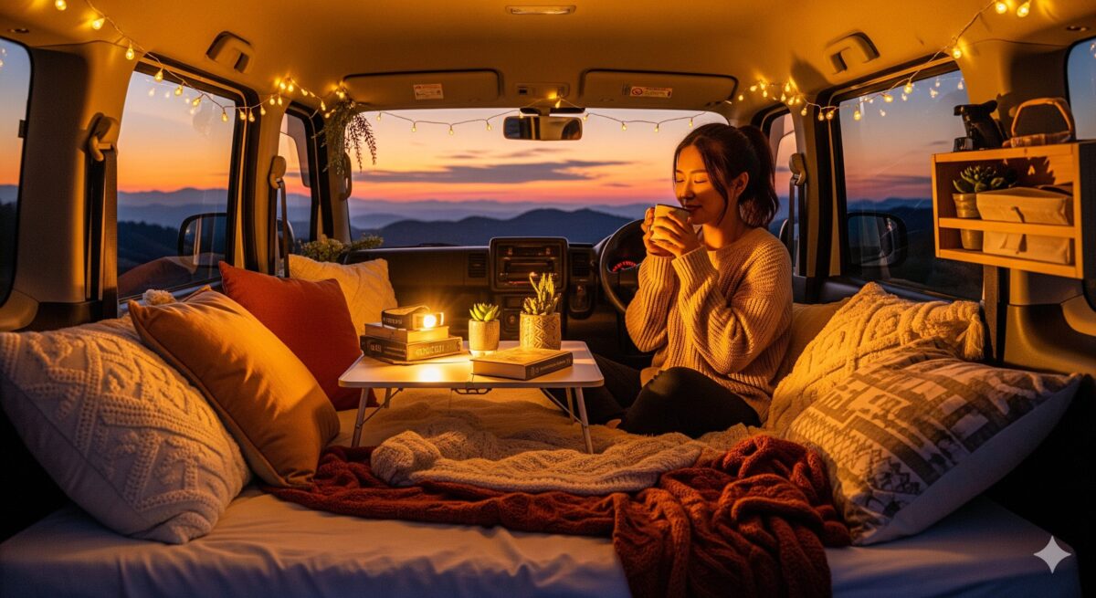 夕暮れ時、暖かな電飾と柔らかなクッションに囲まれた軽自動車の車内で、リラックスして温かい飲み物を楽しむ日本人の女性。