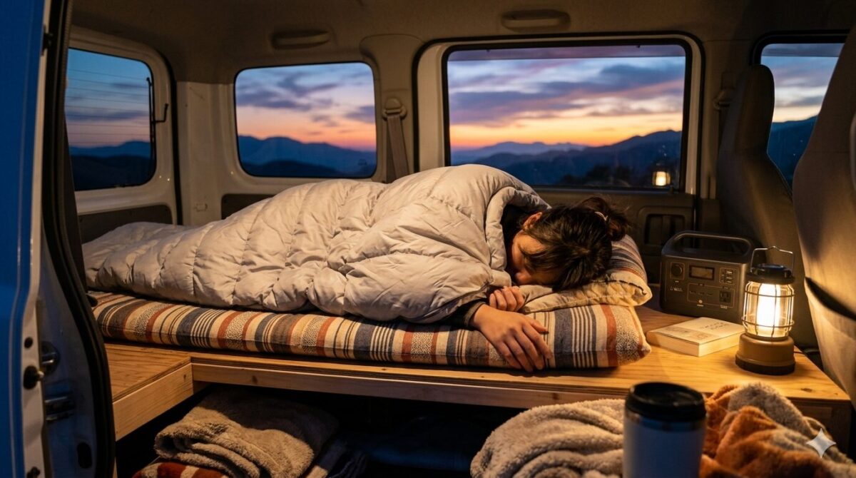 夕暮れ時の居心地の良い車内で、快適そうな寝具セットが並んでいる。