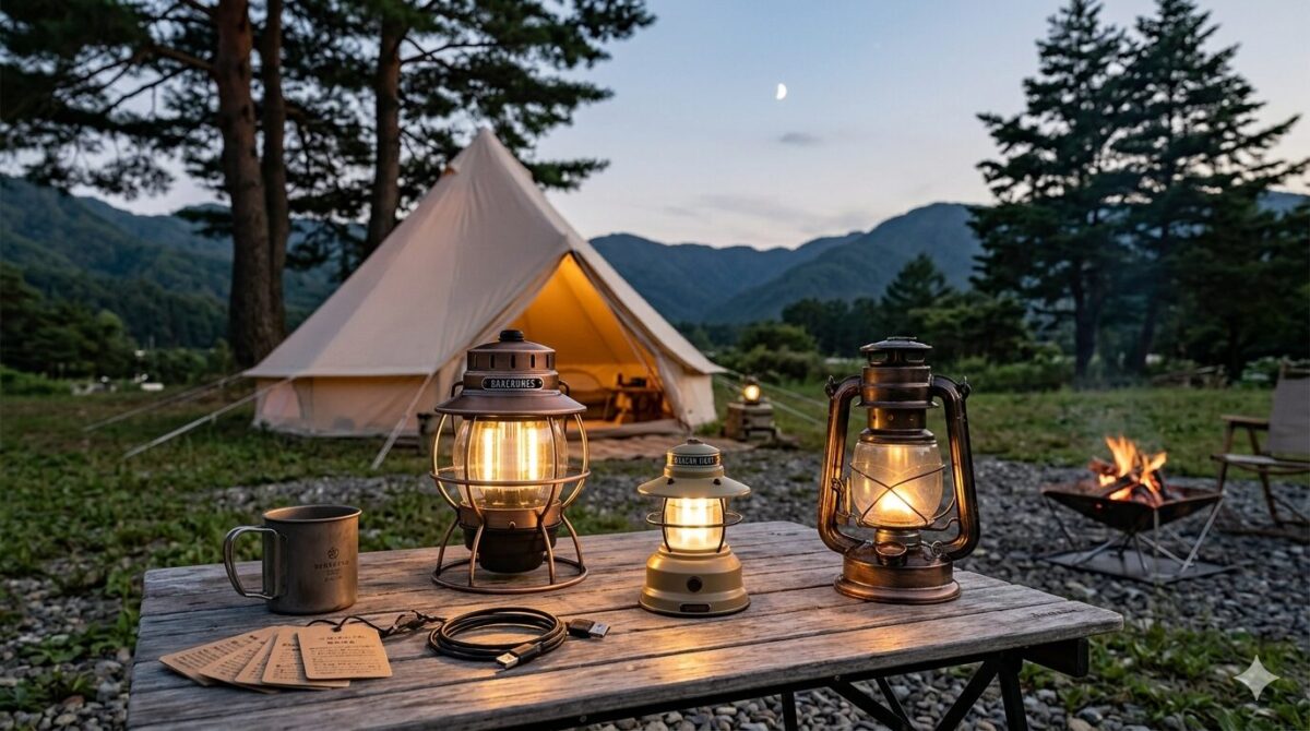 夕暮れ時の暖かく明るいキャンプ場を写した中心的な写真シーン。雰囲気作りのために、ベアボーンズ製のランタンがいくつか配置されている。