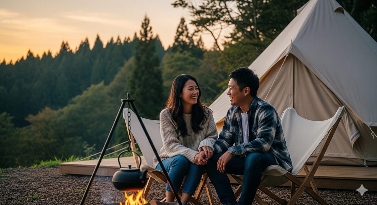 夕暮れ時の柔らかな黄金色の光に包まれた、洗練されたグランピングサイト。