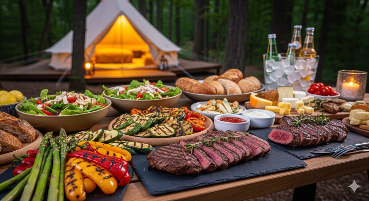 夕暮れ時の静かな森の中で、木製のテーブルに並べられた豪華なグランピング料理。