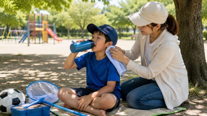 外遊び中に木陰で休憩して水分補給する小学生