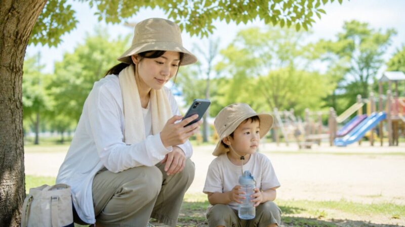 外遊び前に暑さを確認しながら木陰で待つ親子