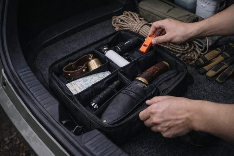 外遊び道具をケースで管理している荷室の整理イメージ