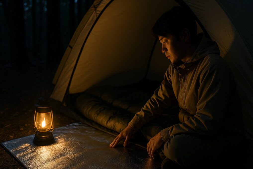 夜のキャンプで日本人男性がテント入口に厚手のアルミシートを敷き、寝袋の下準備をしている。防寒対策を示すイメージ