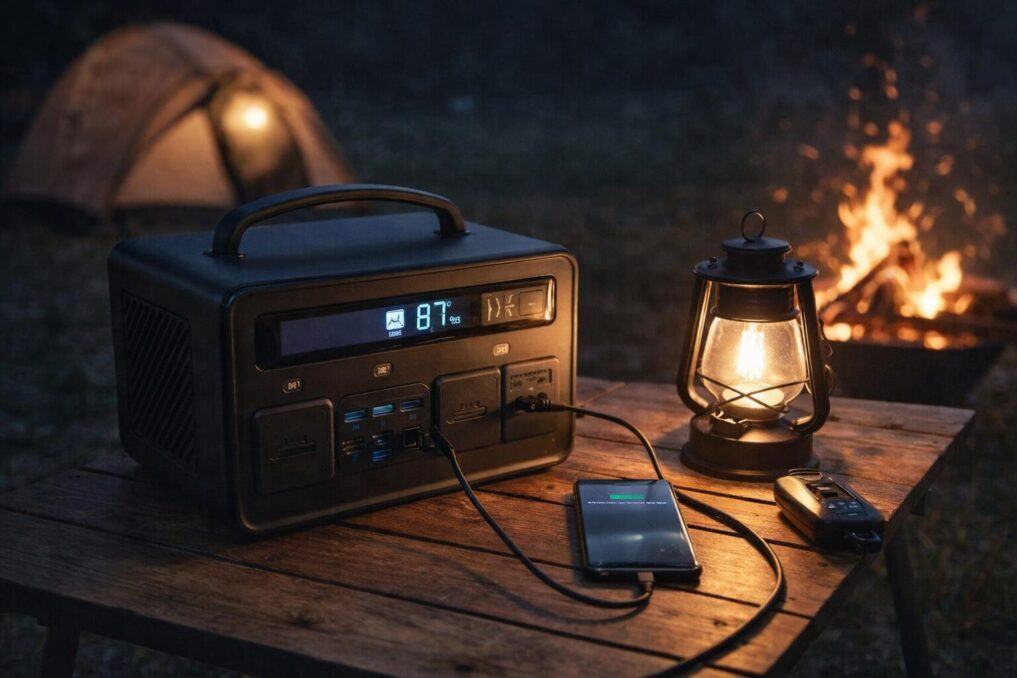 夜のキャンプテーブルでポータブル電源からスマホとランタンを充電している様子