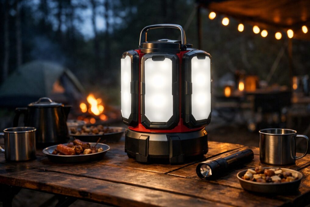 夜のキャンプテーブルで明るく点灯するマルチパネル型LEDランタンの使用イメージ