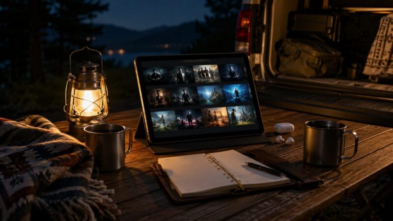 夜のキャンプ場で、ランタンに照らされたテーブルの上にタブレットやマグカップ、イヤホンが並び、車中泊で観る映画やドラマを選ぶ準備をした様子