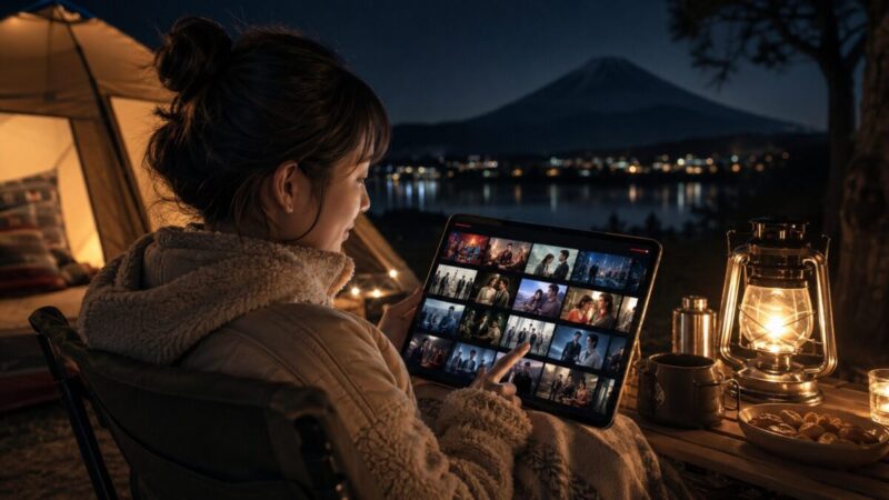夜のキャンプ場でタブレットのドラマや映画の作品一覧を見ながら観る一本を選ぶ女性
