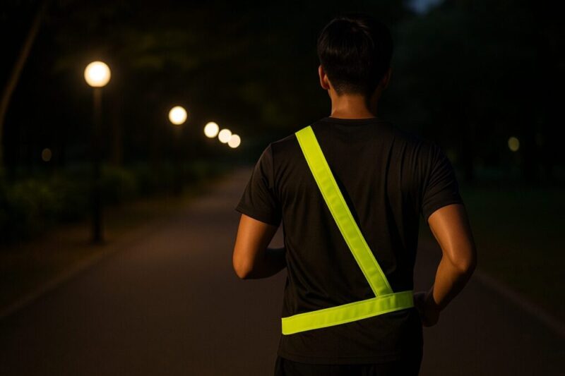 夜のランニングで身体にフィットした反射タスキを着用し、安全に走るランナーのシルエット。