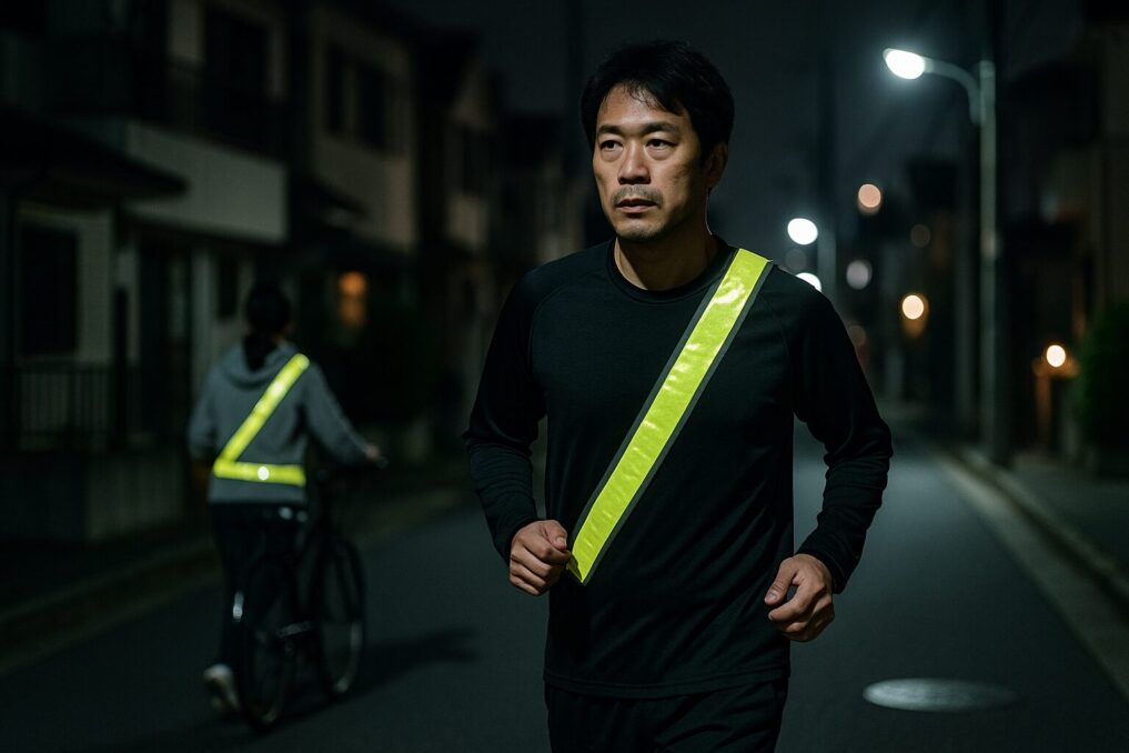 夜の住宅街をジョギングする日本人男性が、蛍光イエローの反射タスキを斜めがけにして走っている様子。