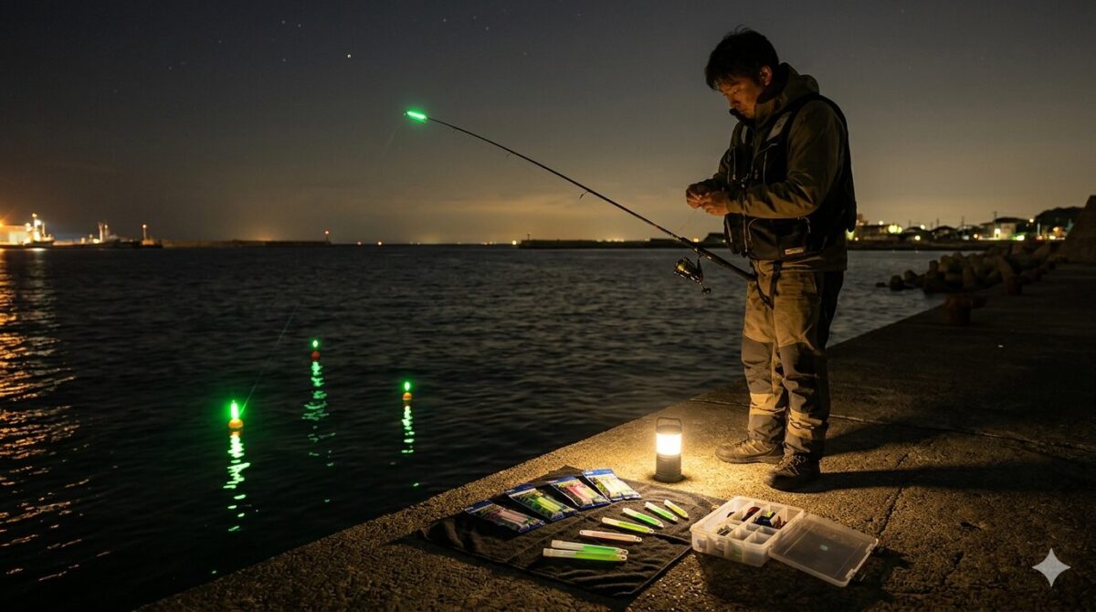 夜の堤防で、竿先、ウキ、仕掛けに使用する様々なサイズのケミカルライトの実用イメージ。