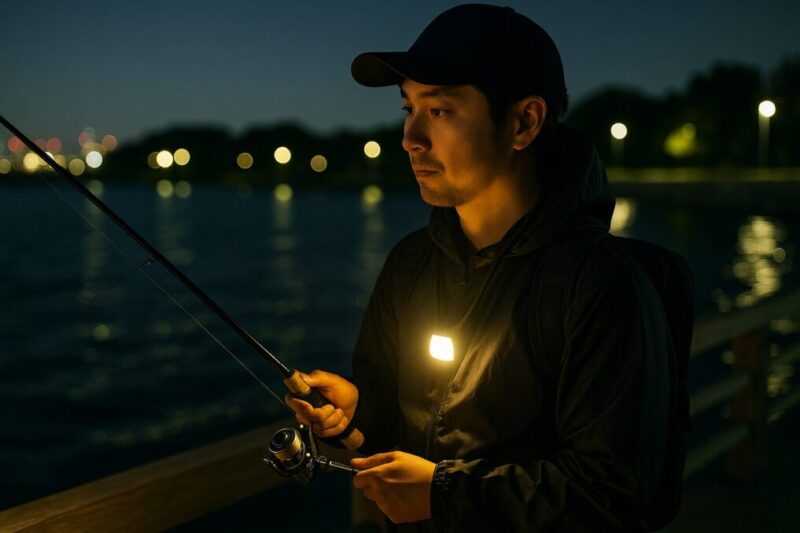 夜の堤防で釣りをする日本人男性の胸元で首掛けライトが点灯し、手元の仕掛け作業を見やすくしている様子。