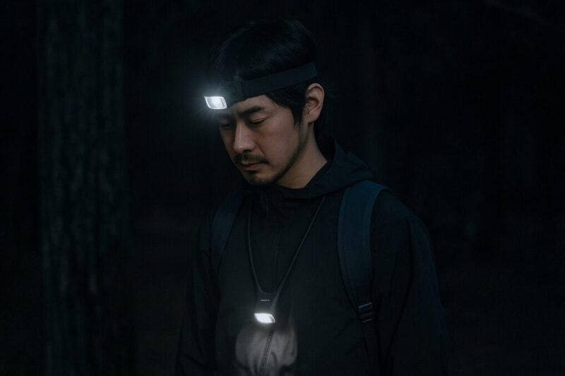 夜の屋外でヘッドライトと首掛けライトを併用し、前方と手元を分担して照らしている様子。