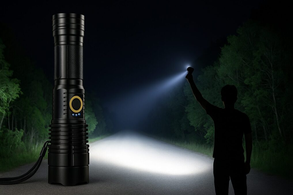 夜の林道で日本人男性が強力な懐中電灯のビームを照らし、手前のテーブルには同型のタクティカルライトが置かれている様子。