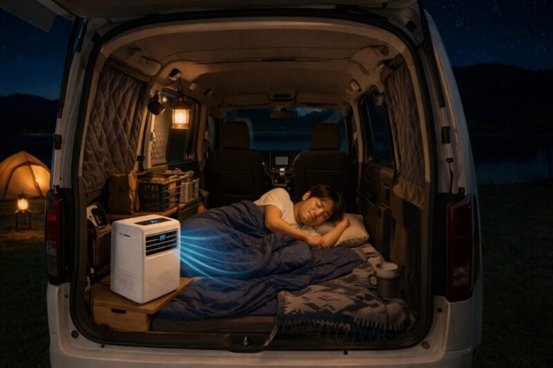 夜の軽バン車内で小型クーラーを使いながら就寝する様子を表したイメージ