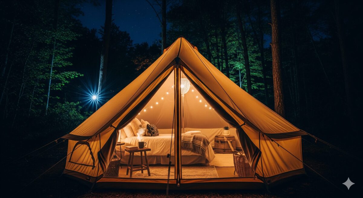 夜の静かな森の中で、内側から温かい光が灯るおしゃれなグランピングテント。