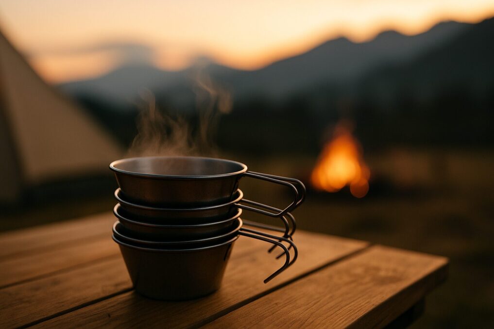 夜明けのキャンプサイトで、木製テーブルに重ねたステンレス製シェラカップから湯気が立ち上る様子