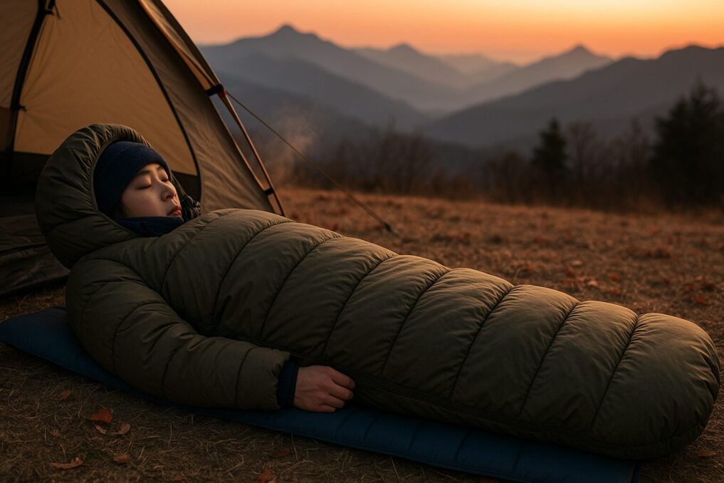 夜明けのキャンプ場で、日本人キャンパーがロゴのないマミー型寝袋と断熱マットで休む様子