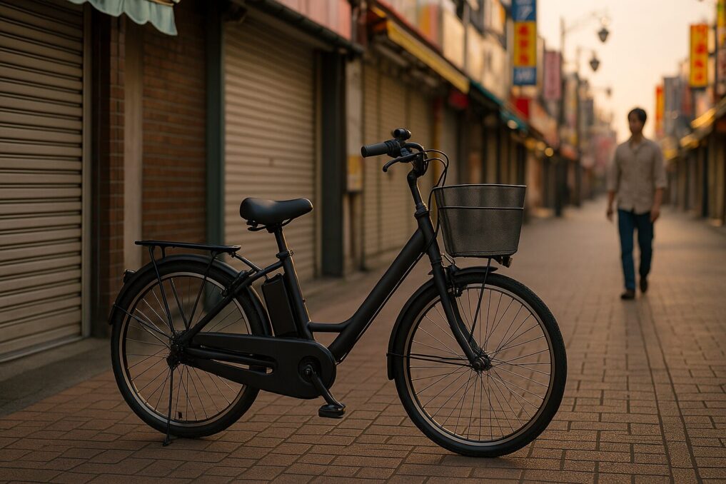 夜明けの日本の商店街前で、無地フレームの電動自転車を横置きイメージ