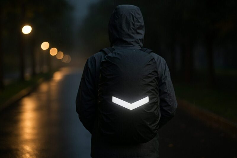 夜道で反射プリントが後方ライトに反射し、歩行者の視認性を高める様子