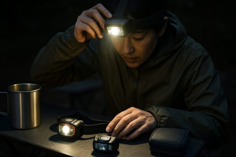 夜間のテントサイトでヘッドランプの明るさと装着感を確認する日本人の手元。