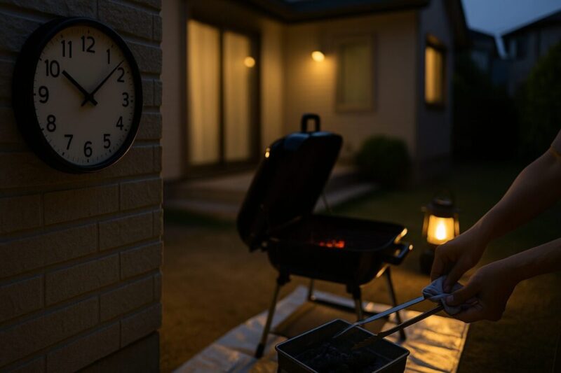 夜間の騒音を避けるための終了目安を示す、20時と片付けの手元。