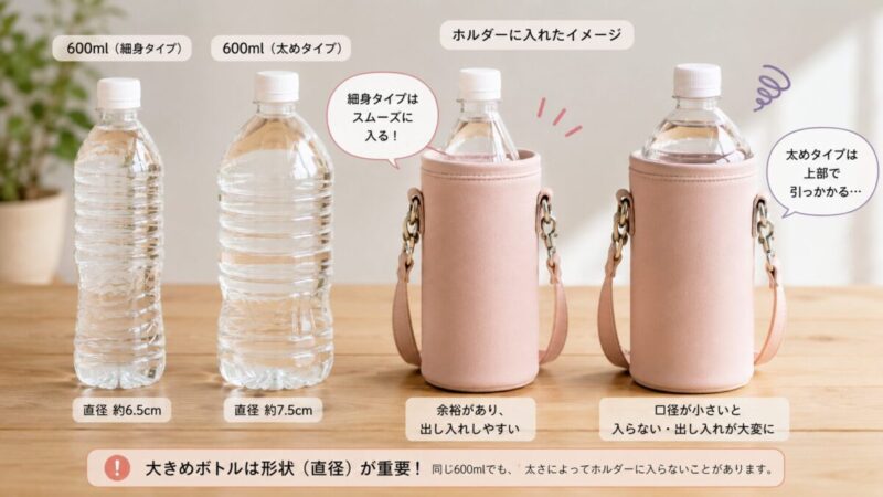 大きめペットボトルの太さによるホルダーへの入りやすさの違い