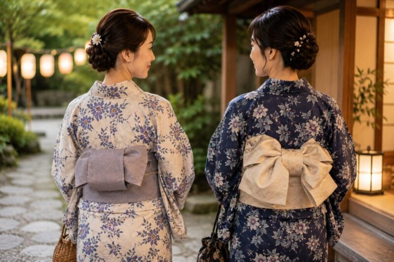 大人の浴衣に合う落ち着いた作り帯の後ろ姿