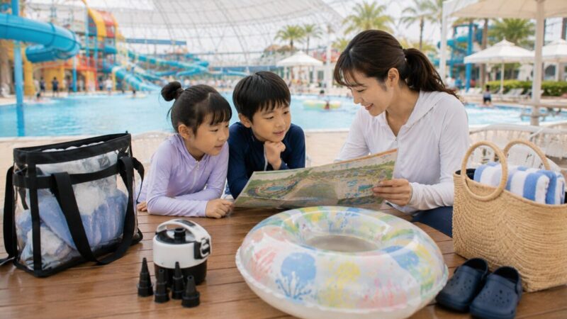 大型プール施設で浮き輪の空気入れ場所を確認する親子のイメージ