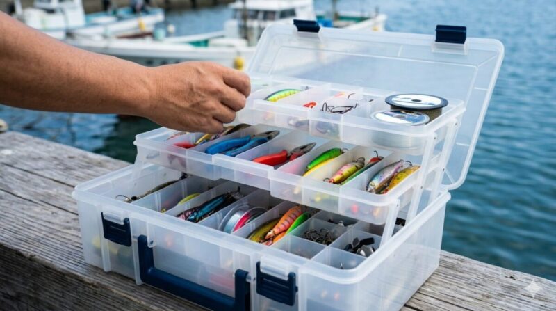 大型多機能ケースに多くの釣具を整理収納する様子