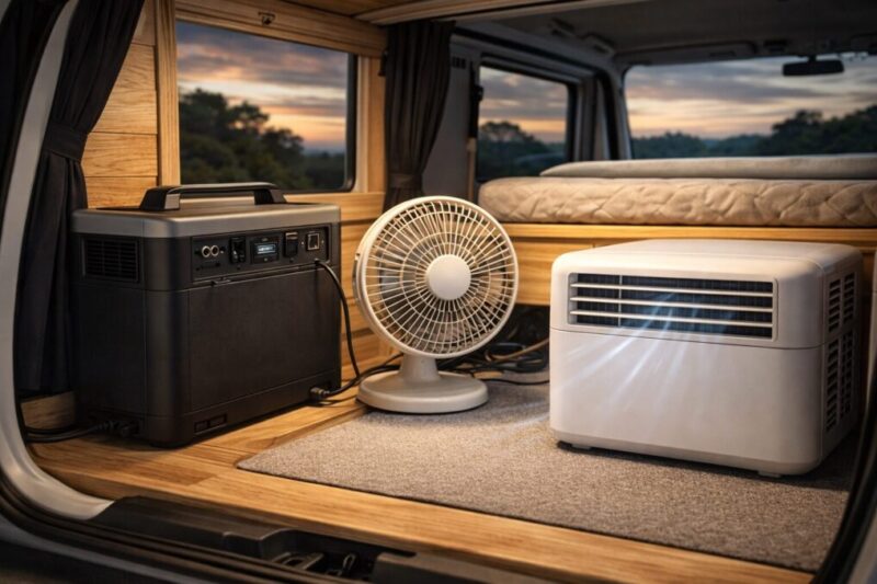 大容量バッテリーで小型クーラーを使う場面をイメージした車内写真風ビジュアル