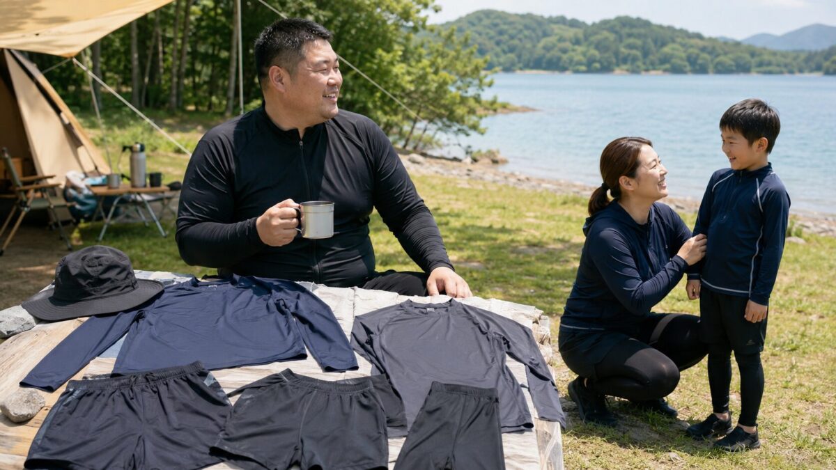 太め体型向けのラッシュガードと水辺レジャー用ウェアを並べたイメージ