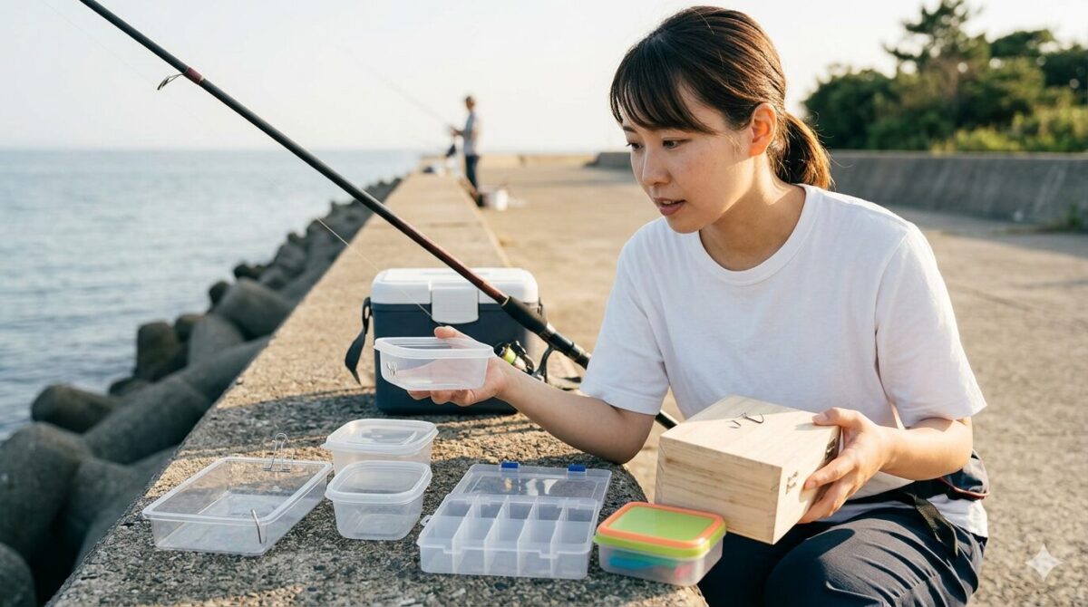 女性が釣り餌を入れる容器を比較している様子。釣り用ケース、タッパー、トレー、木製の餌箱、小型保存容器が並んでいる。