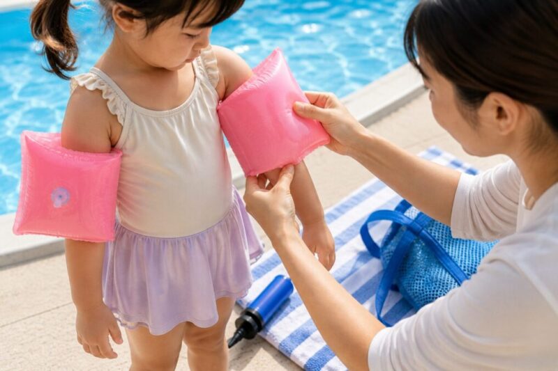 子どもにアームリングを使う前に抜け落ちや装着位置を確認するイメージ