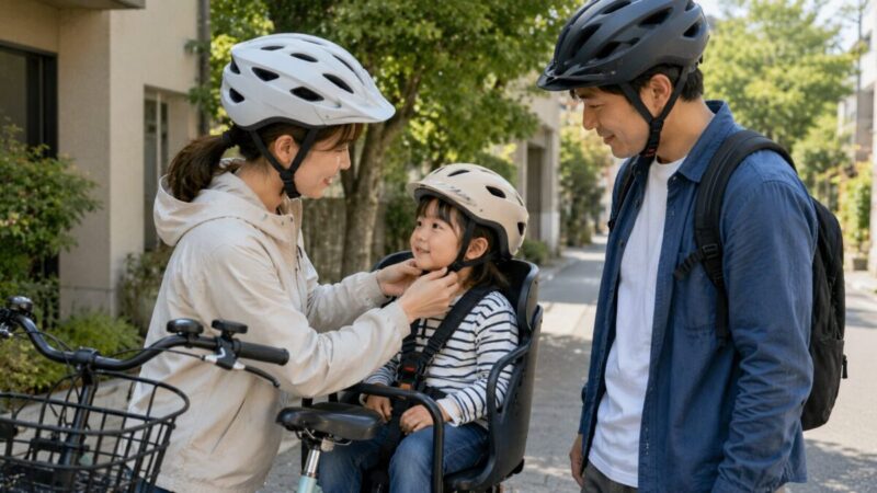 子ども乗せ自転車で幼児のヘルメットを調整する保護者