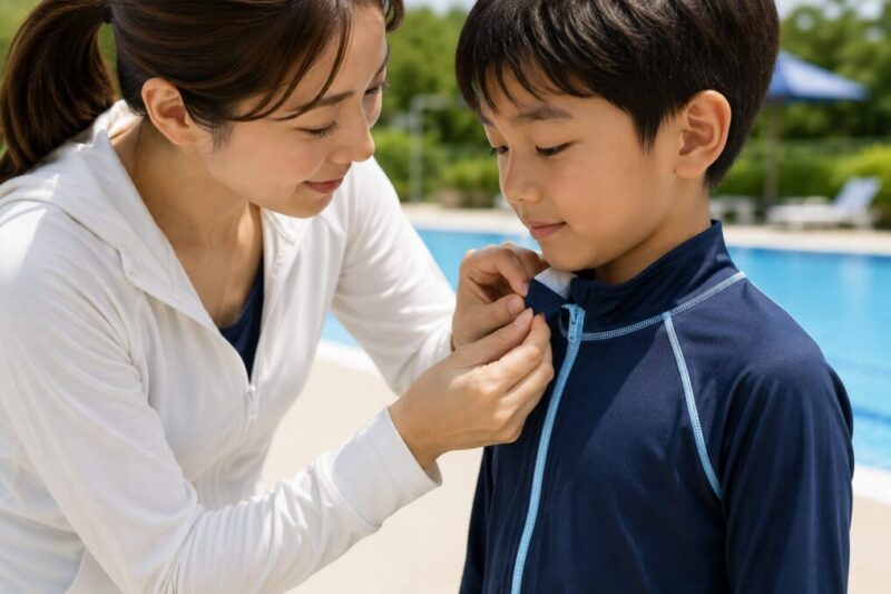 子ども用ジップアップラッシュガードのファスナーガードを親が確認している様子