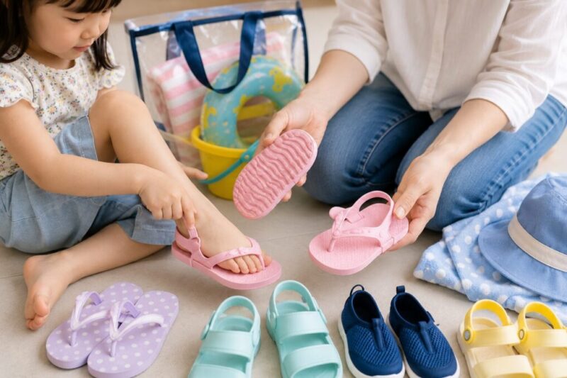 子供用ビーチサンダルのサイズと滑りにくさを確認する様子