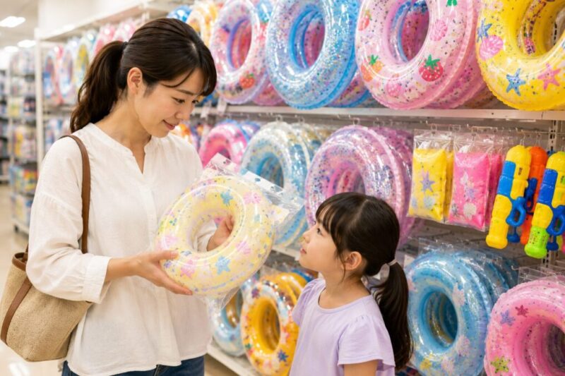 子供用浮き輪を親子で確認する水遊び用品売り場の買い物風景