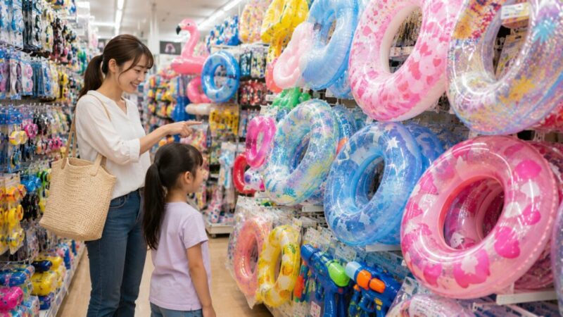 季節用品売り場で浮き輪を探す親子の買い物風景