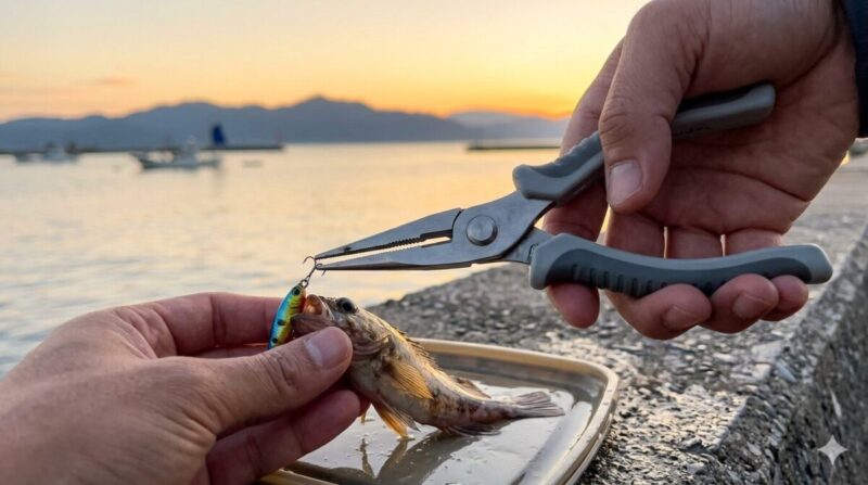 安価なプライヤーで小型ルアーのリング交換をする手元