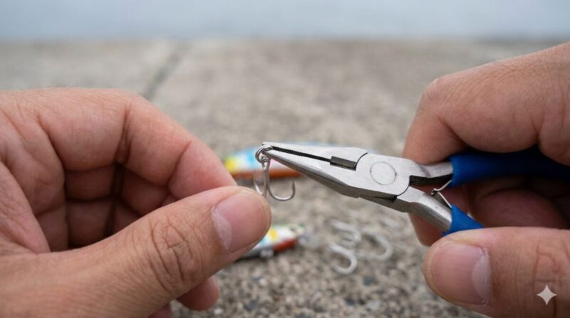 安価なプライヤーで小型ルアーのリング交換をする手元の写真