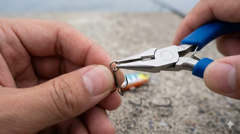 安価なプライヤーで小型ルアーのリング交換をする手元の写真。