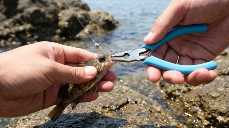 安価なプライヤーで小魚の針外しをする手元の写真