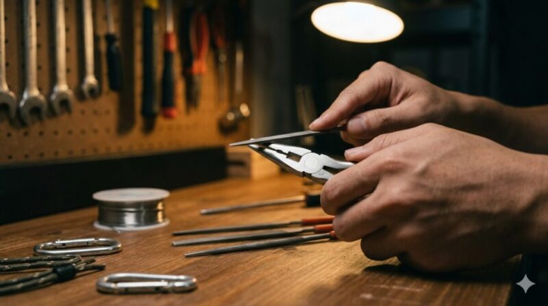 安価なプライヤーに落下防止コードとグリップ加工をする様子