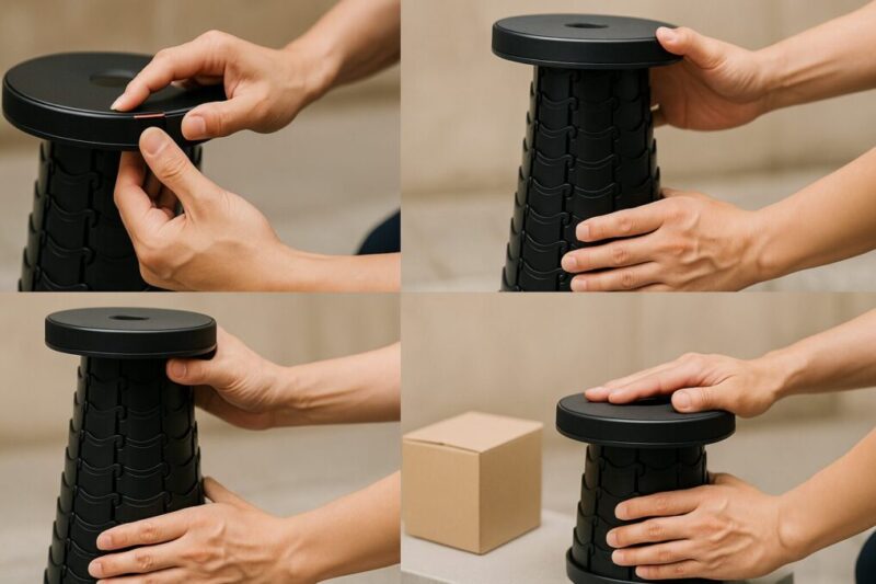 安全に座るまでの手順を示す、携帯スツールの操作イメージ（ロック解除・伸長・固定・安定確認）。