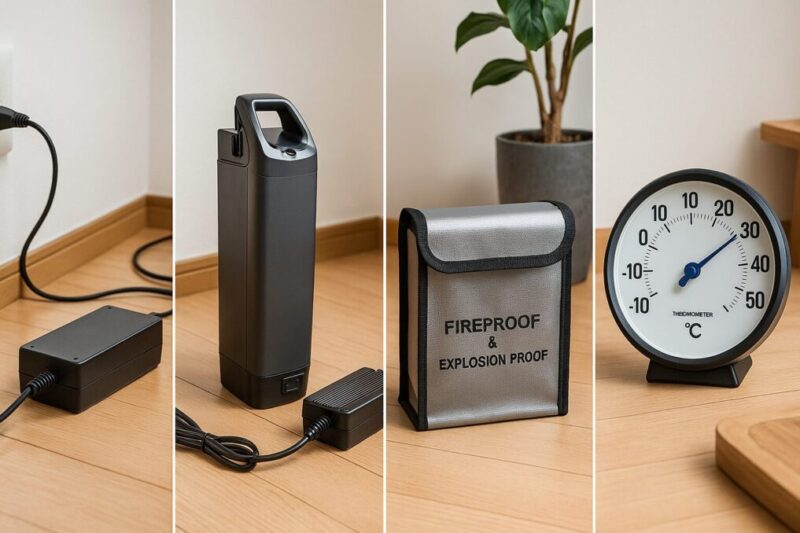 室内でeBikeバッテリーの安全充電・保管を示す静物写真。
